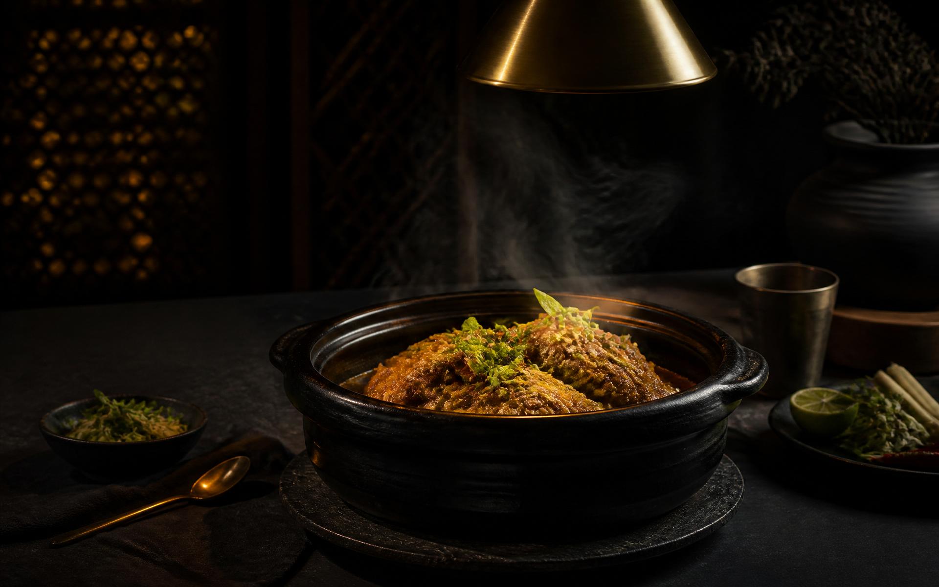 Signature Northeast Indian dish plated in a claypot under warm pendant light