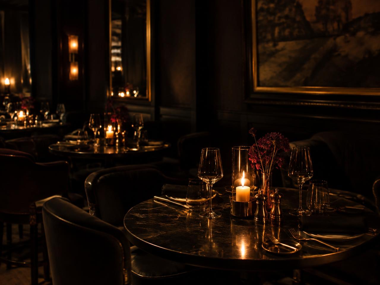 Candlelit dining tables in a dark, warm dining room